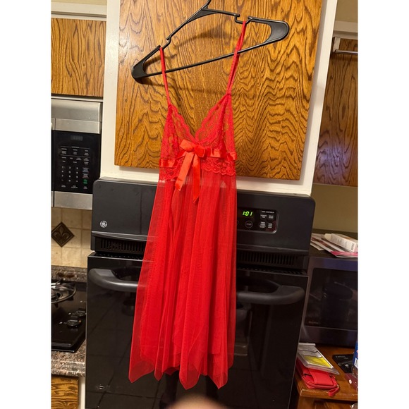 Other - Red Lace Mesh Babydoll Chemise Lingerie Handkerchief Hem Satin Bow Sleepwear